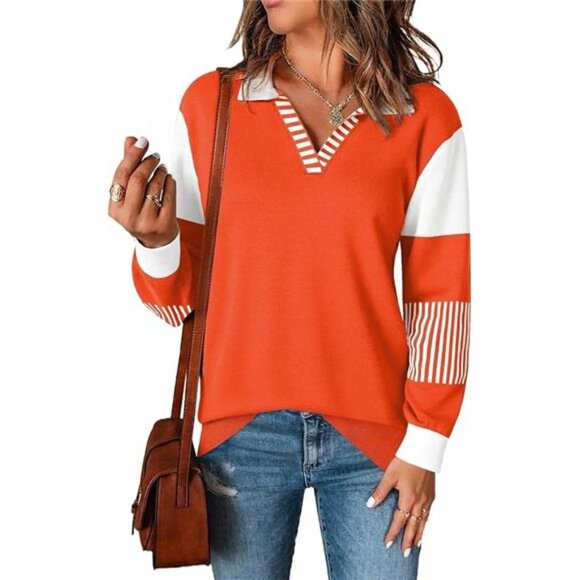 Womens V Neck Sweater Long Sleeve Color Block Striped Knitted Pullover Top - Picture 6 of 6